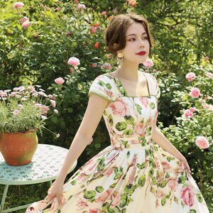 Vintage Rose Print Dress - Recycled Silk-Like, Lightweight & Wrinkle-Free